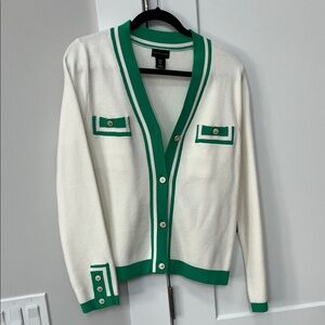 Adrienne Vittandini White Cardigan with Kelly Green Trim and Gold Buttons